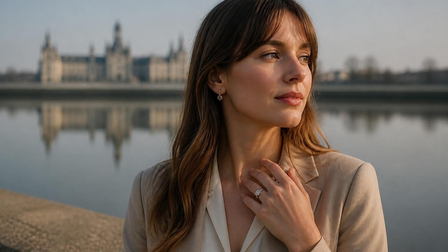 Best engagement rings in Baton Rouge — Satéur Destinée Ring™ with Old State Capitol reflected in the Mississippi levee