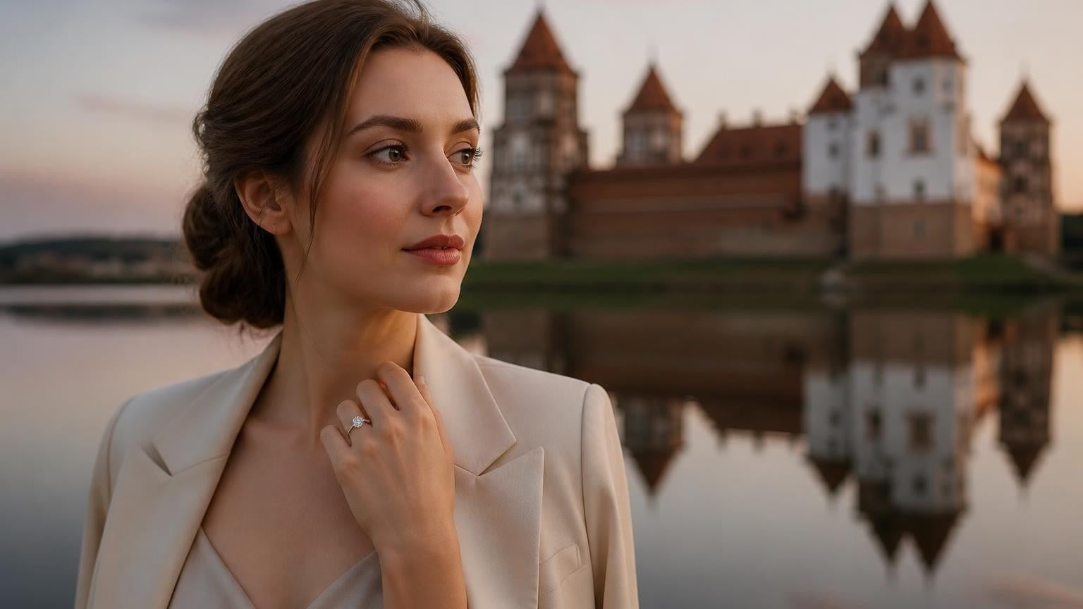 Best engagement rings in Belarus — elegant woman with Satéur Destinée Ring, Mir Castle reflected at dusk