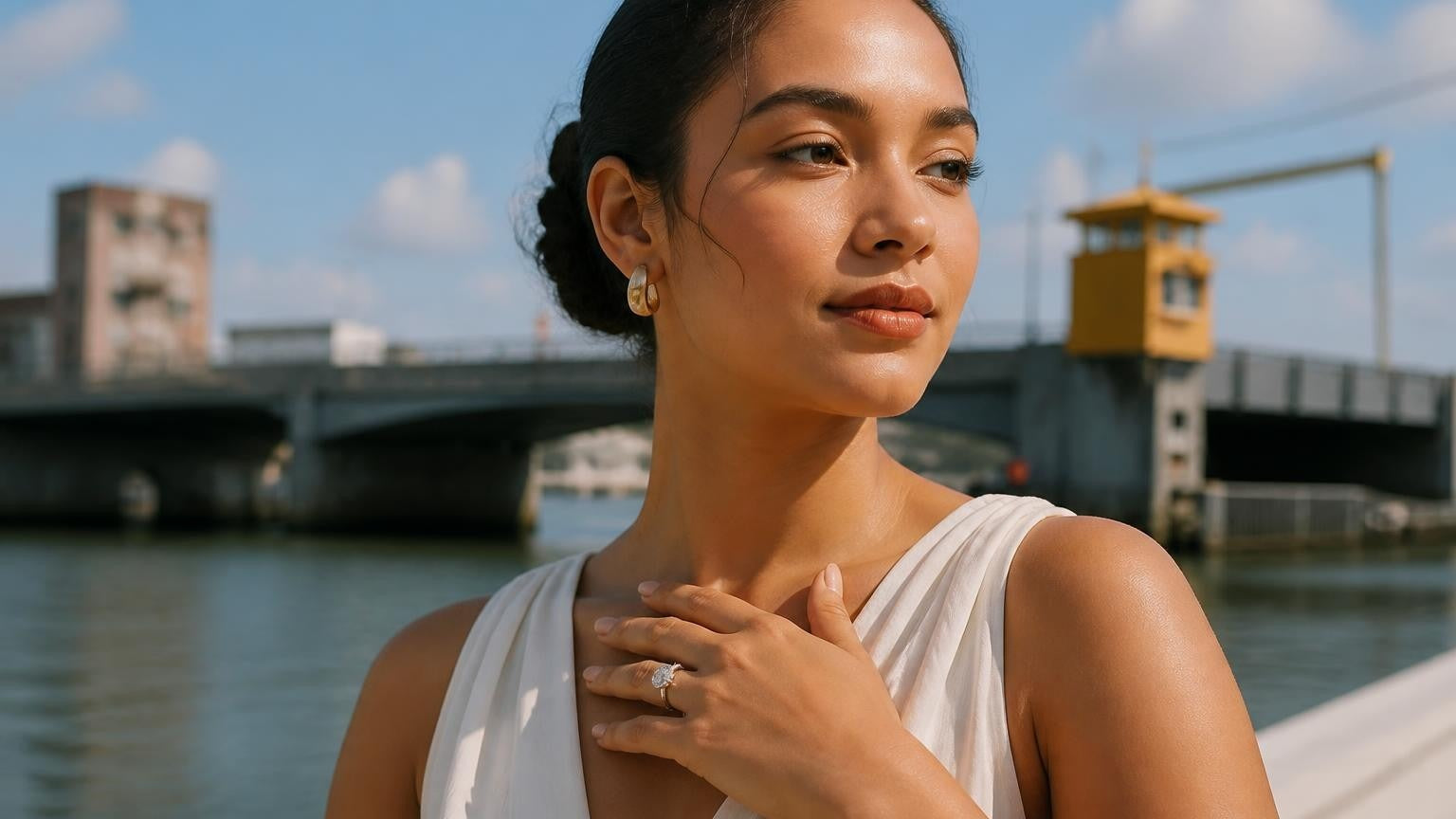 Best engagement rings in Belize City — Belizean woman with Satéur Destinée Ring, Swing Bridge behind