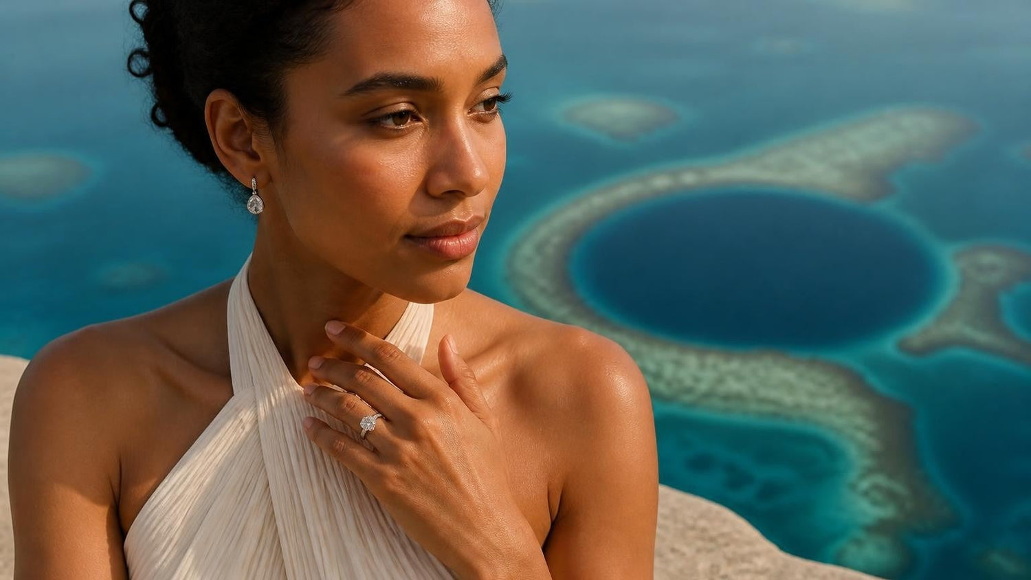 Best engagement ring in Belize — Satéur Destinée Ring with Great Blue Hole backdrop