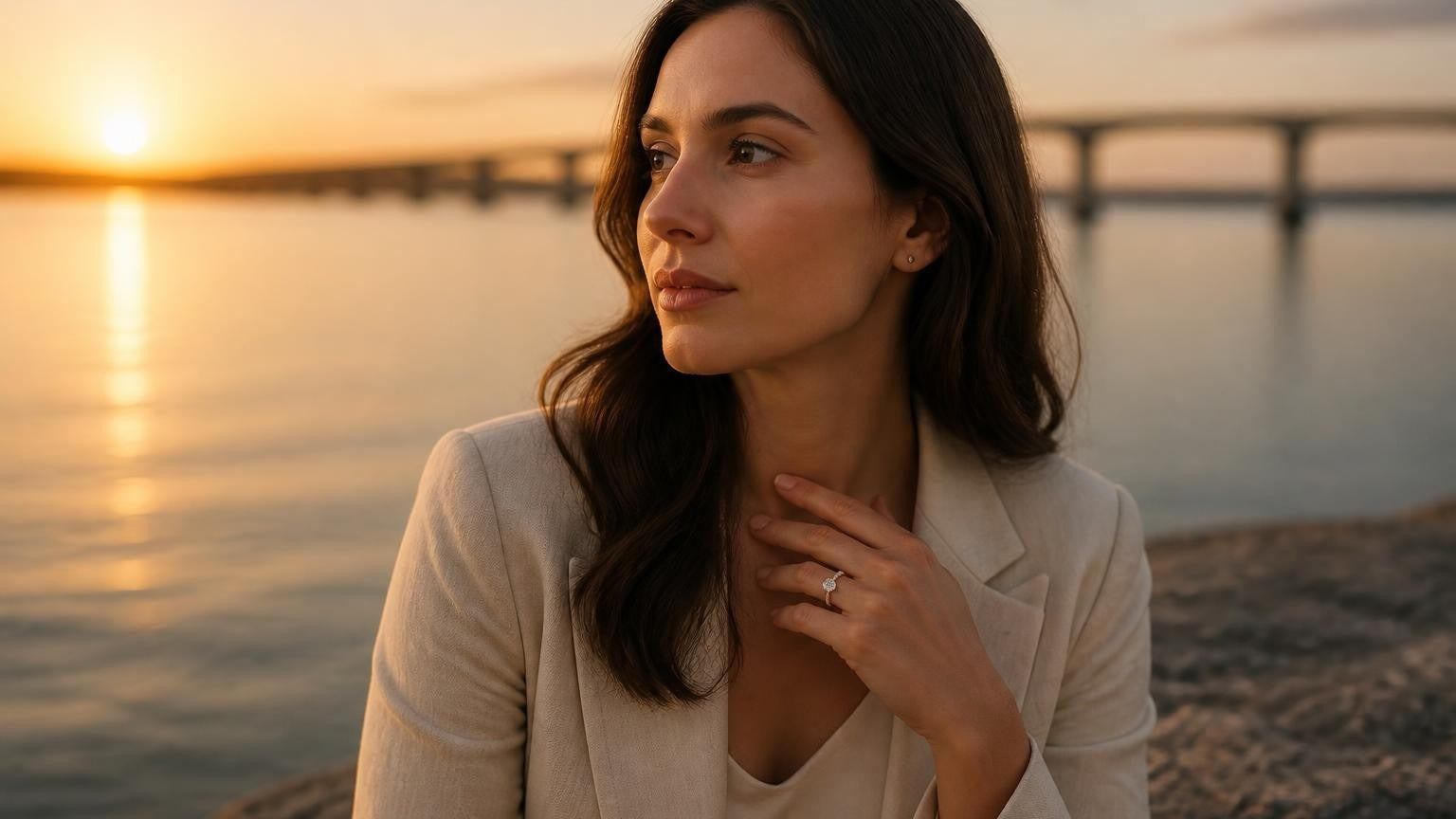 Best engagement rings in Belleville — Satéur Destinée Ring™ with Bay of Quinte bridge backdrop