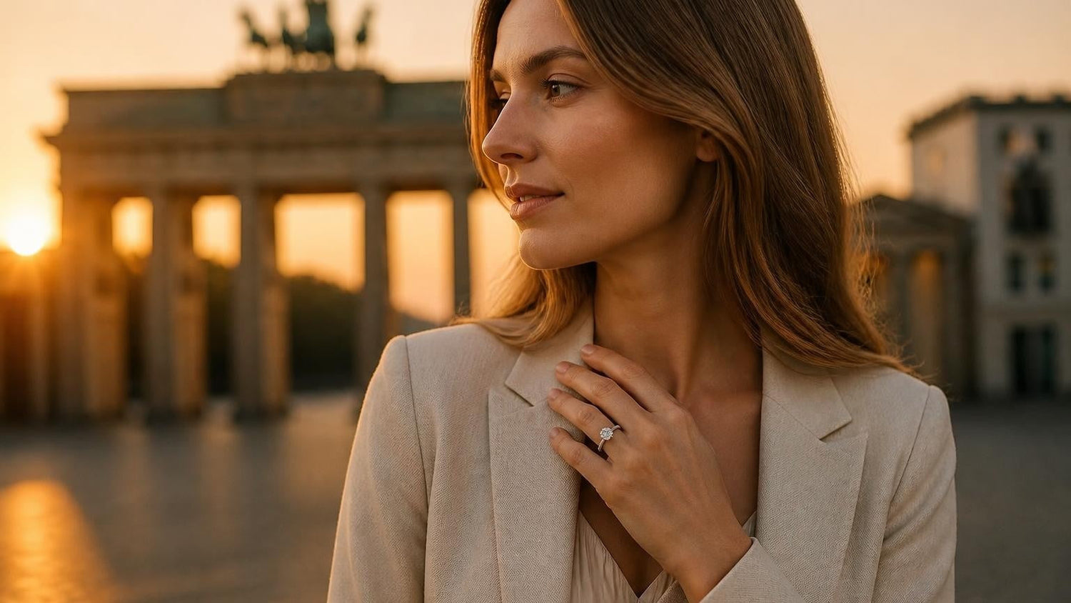 Best engagement rings in Berlin — Satéur Destinée Ring with Brandenburg Gate at golden hour