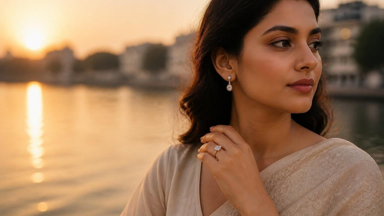 Best engagement rings in Bhopal — Satéur Destinée Ring by Upper Lake at sunset