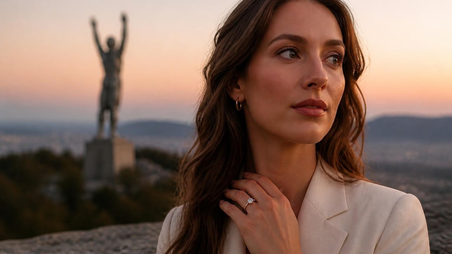 Best engagement rings in Birmingham, Alabama — Satéur Destinée Ring™ with Vulcan statue at sunset on Red Mountain
