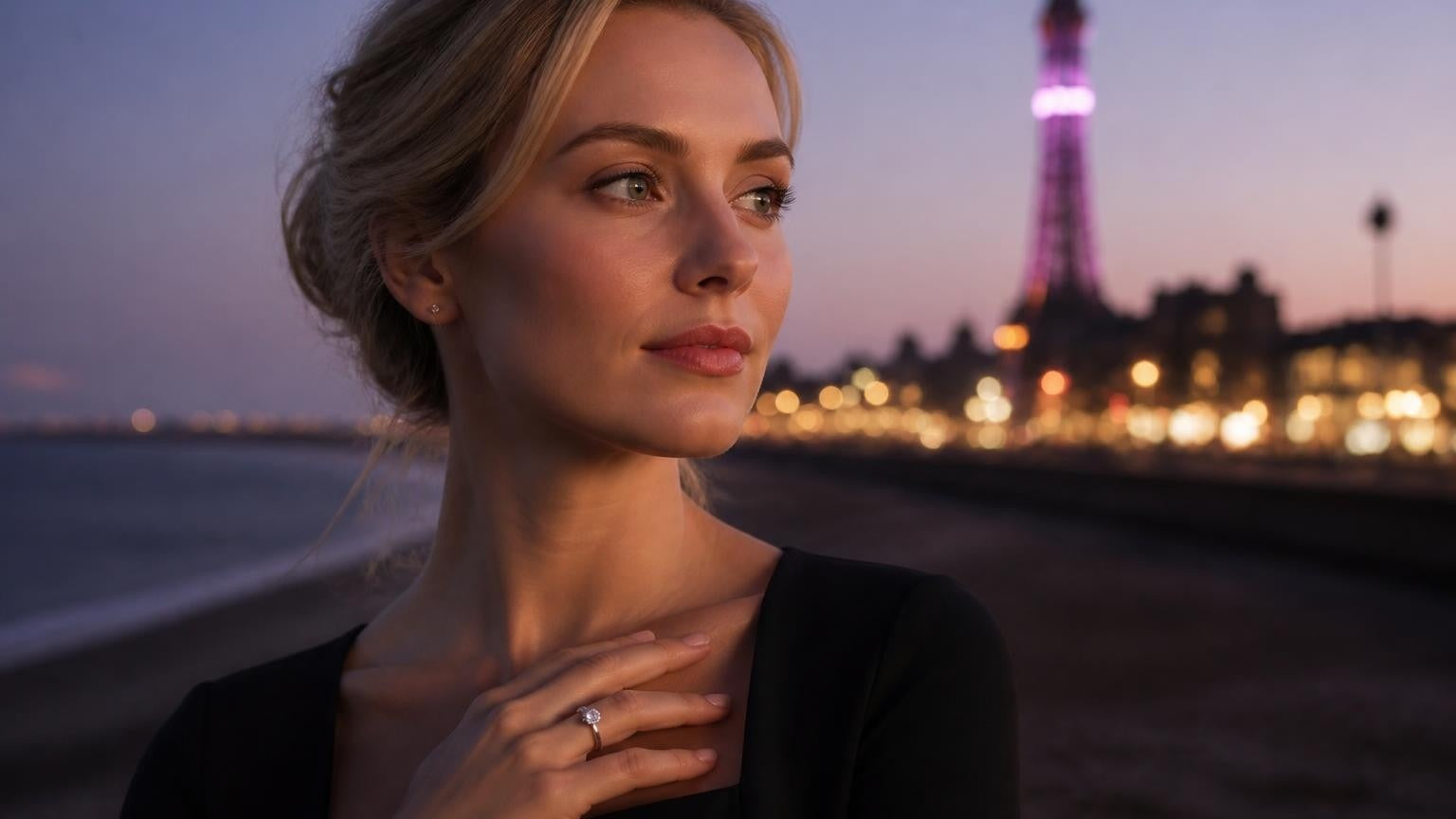 Best engagement rings in Blackpool — Satéur Destinée Ring with Blackpool Tower at dusk