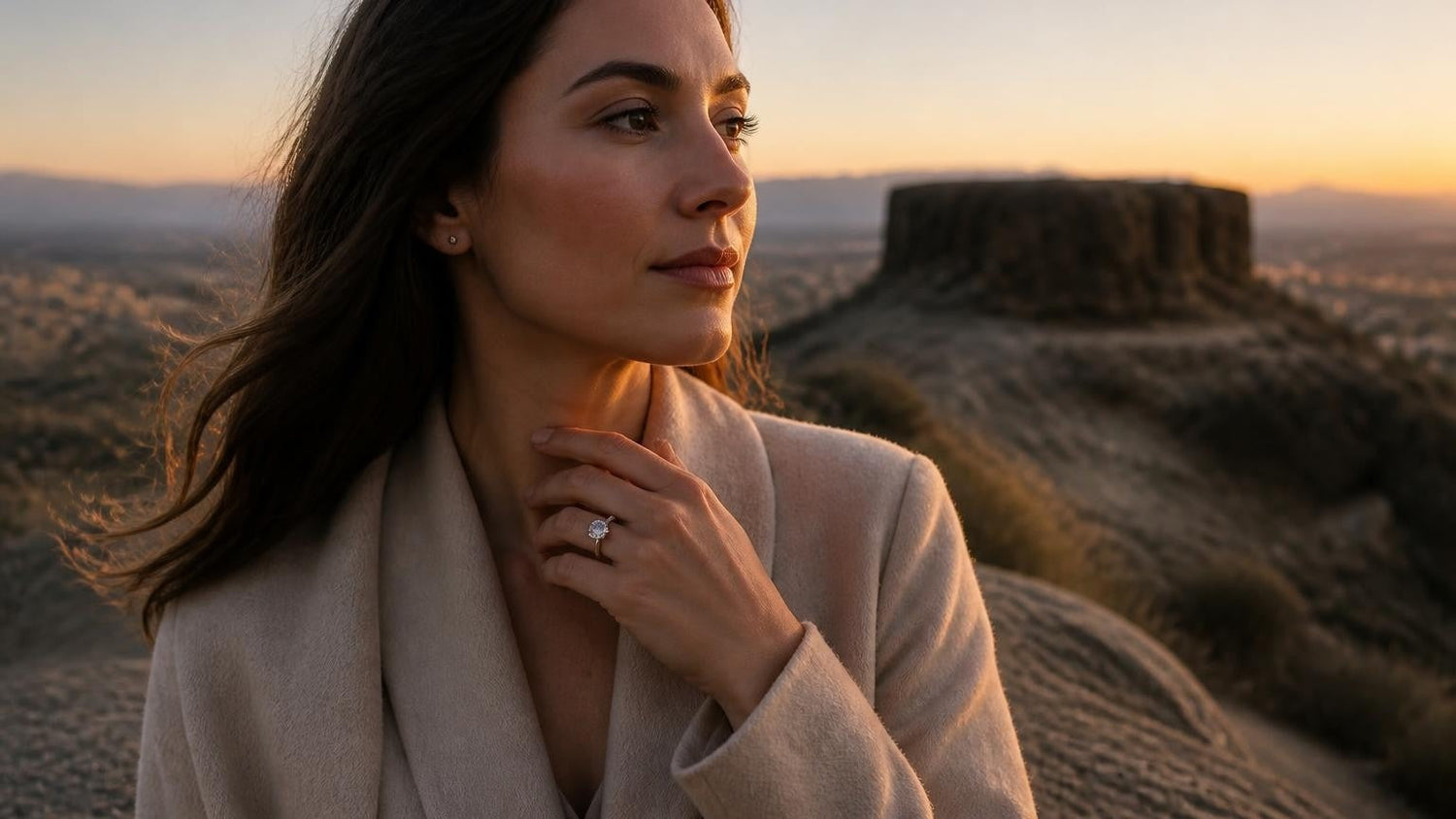 Best engagement rings in Boise — Satéur Destinée Ring with Table Rock backdrop
