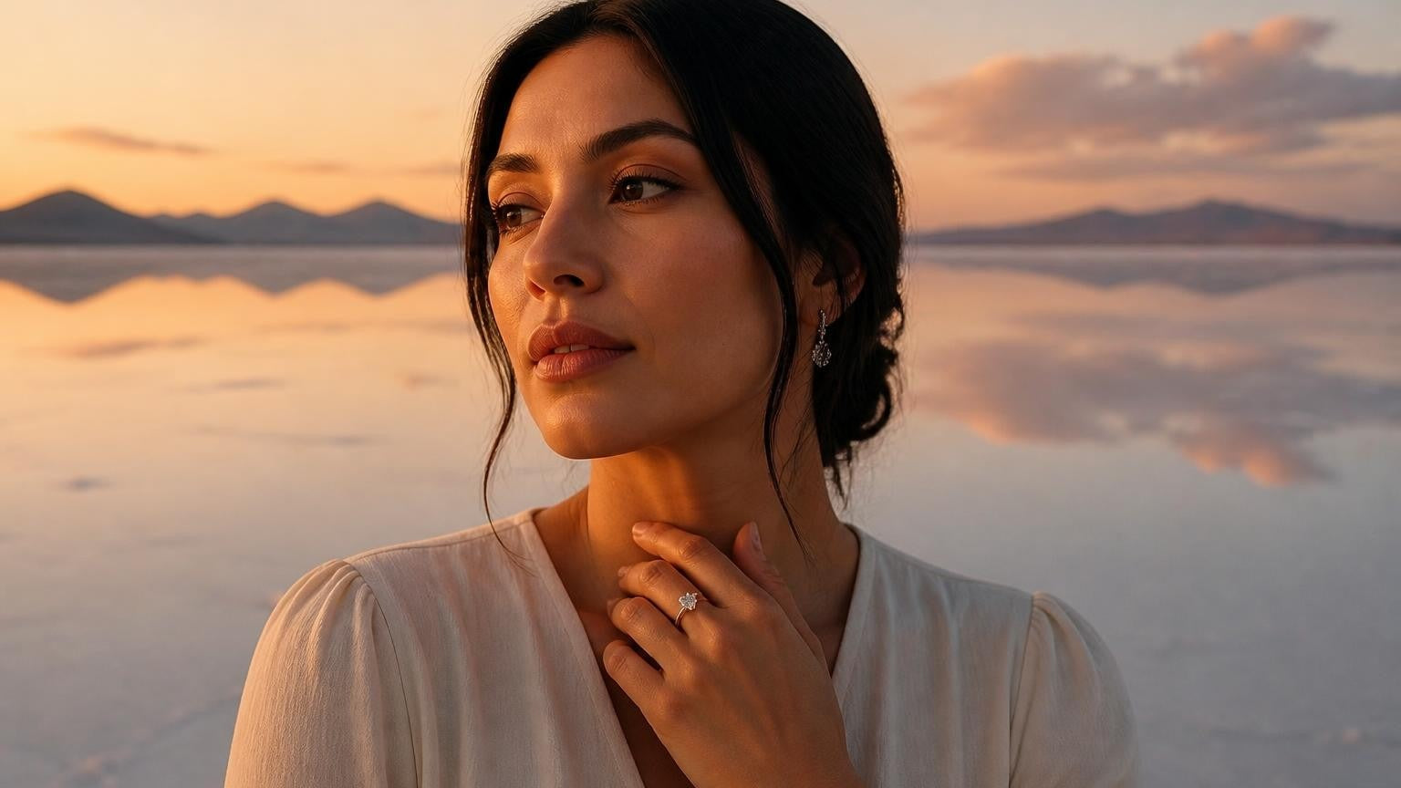 Engagement ring on Bolivian woman hand against Salar de Uyuni salt flats at sunrise