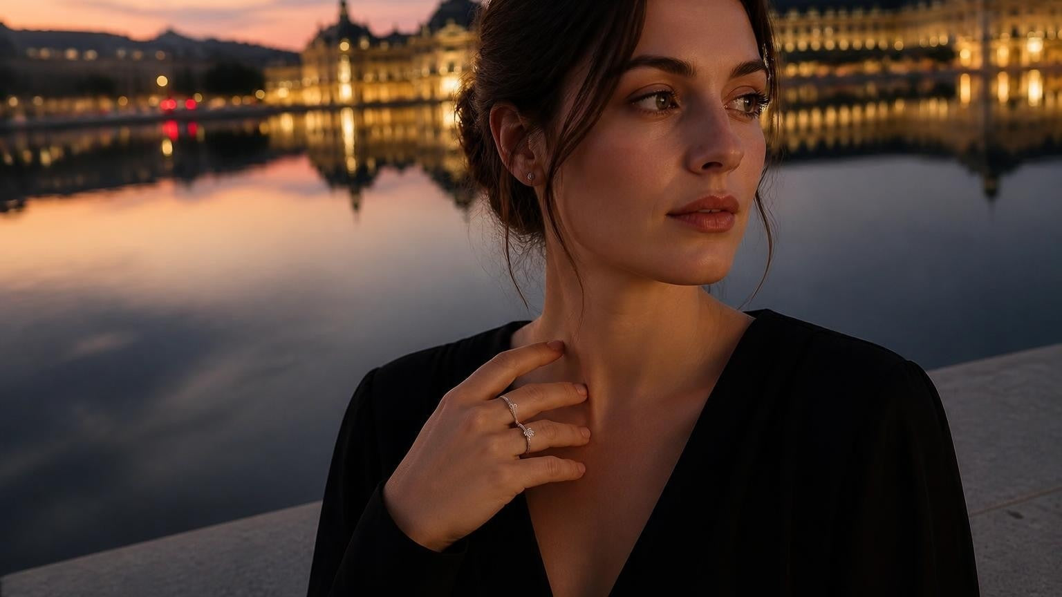Best engagement rings in Bordeaux — Satéur Destinée Ring™ at the Miroir d'Eau reflection pool, Place de la Bourse