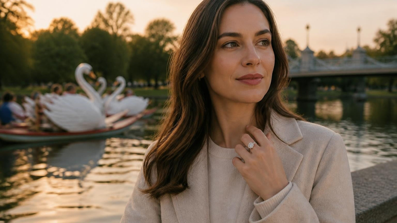 Best engagement rings in Boston — elegant woman with Satéur Destinée Ring at the Public Garden Swan Boats