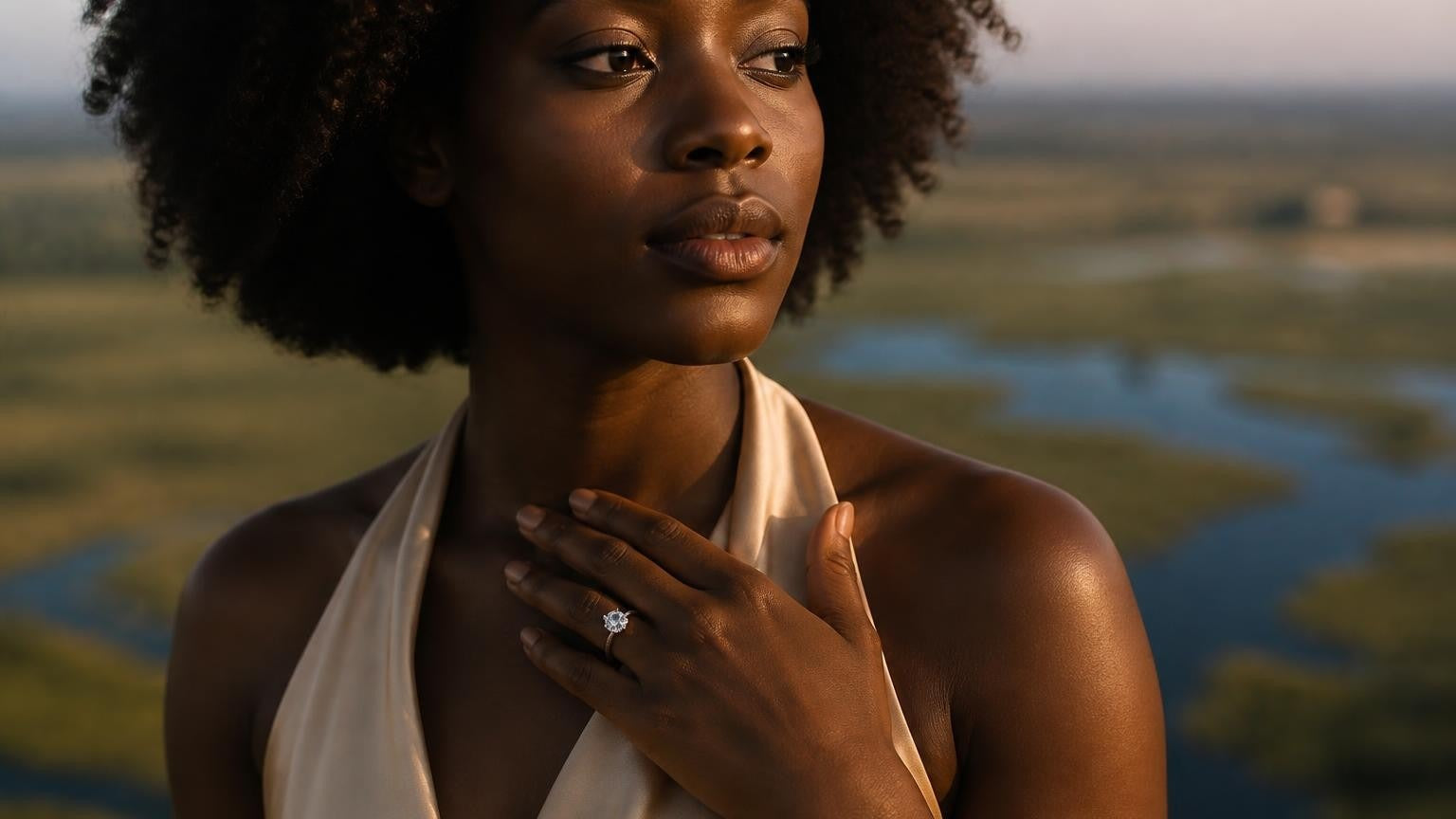 Best engagement rings in Botswana — elegant Botswanan woman with Okavango Delta backdrop wearing Satéur Destinée Ring