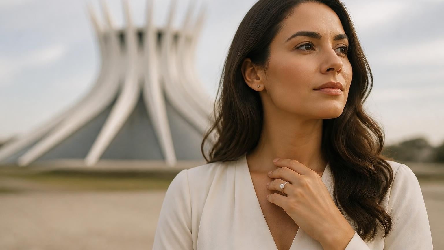 Best engagement rings in Brasília — elegant woman with Satéur Destinée Ring, Niemeyer Cathedral Metropolitana behind