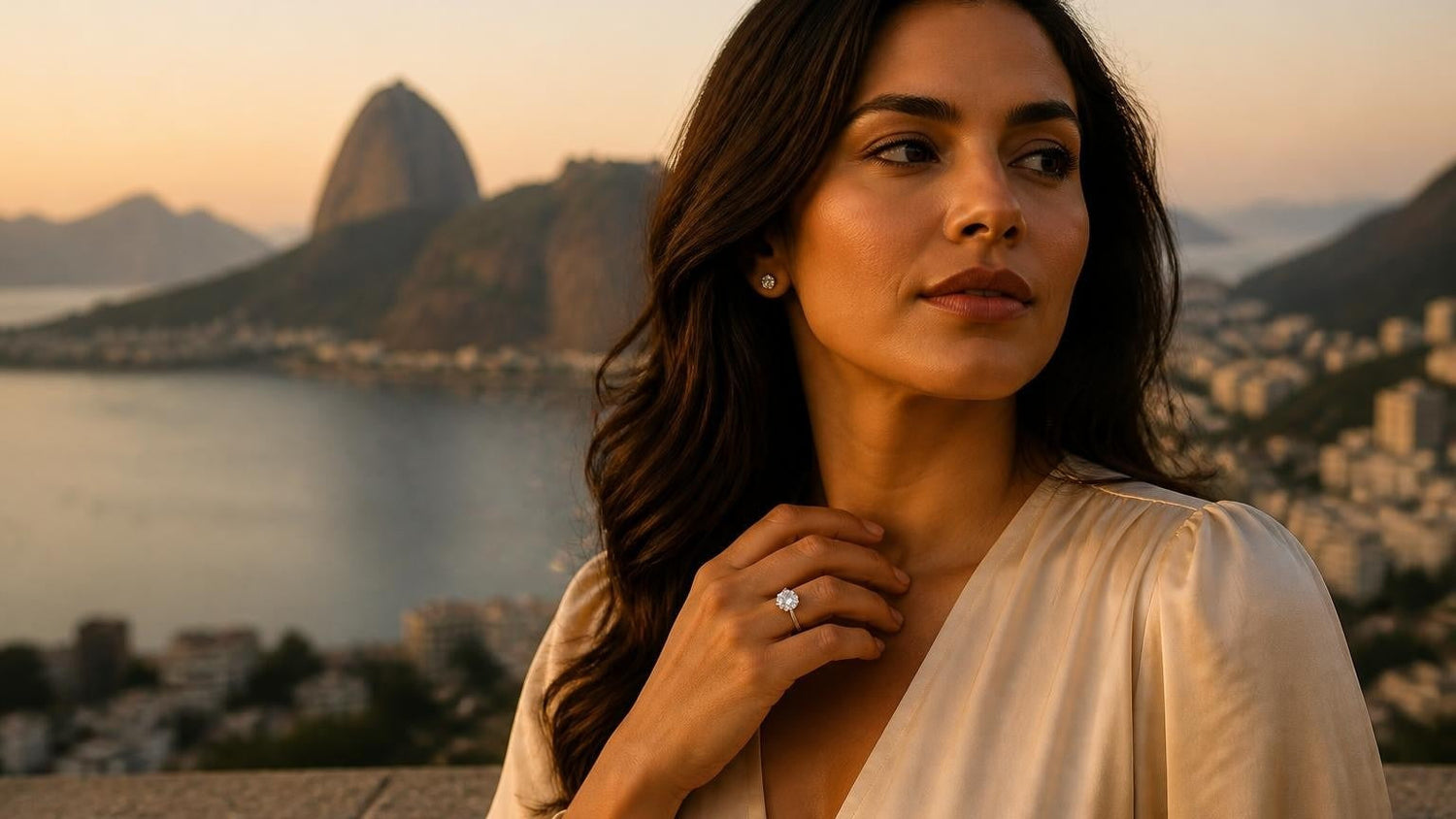 Satéur Destinée Ring™ on Brazilian woman's finger with Sugarloaf Mountain at golden hour, Rio de Janeiro