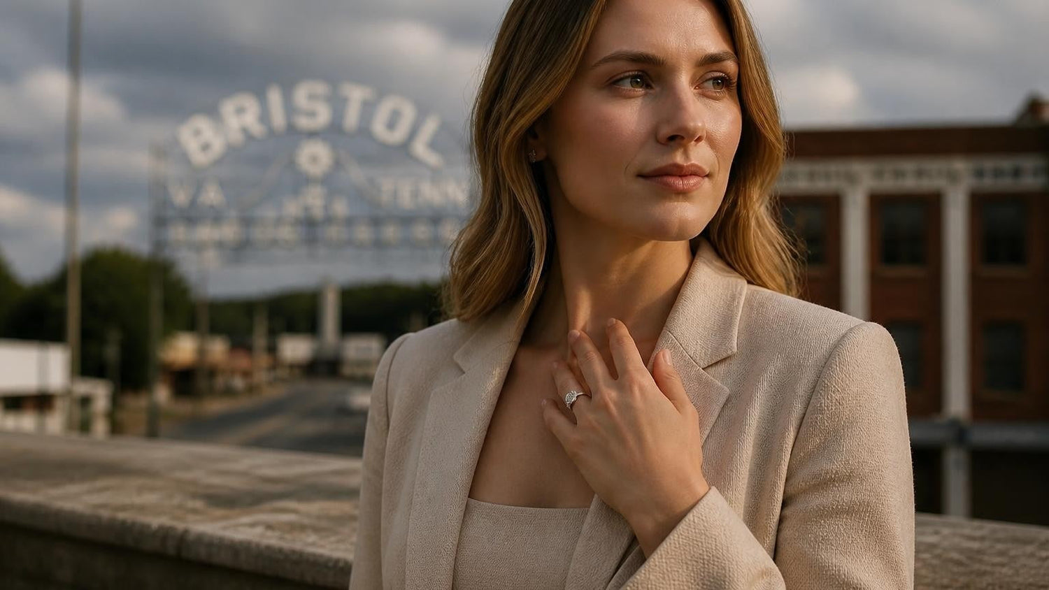 Best engagement rings in Bristol Tennessee — Satéur Destinée Ring at the Bristol VA/TN state line sign