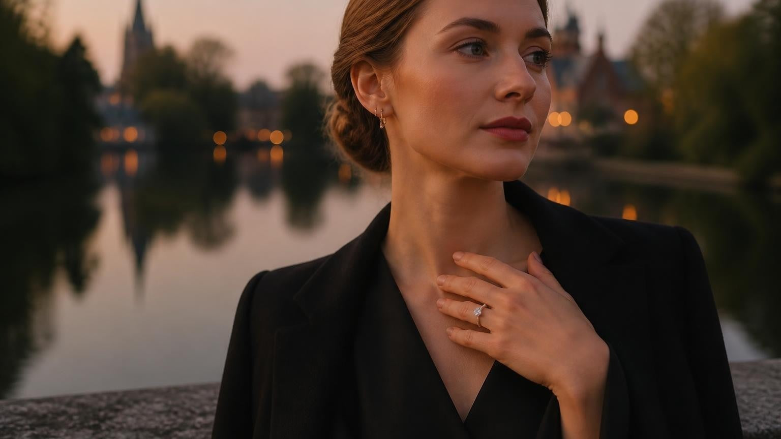 Best engagement rings in Bruges — elegant Belgian woman at the Minnewater Lake of Love at dusk