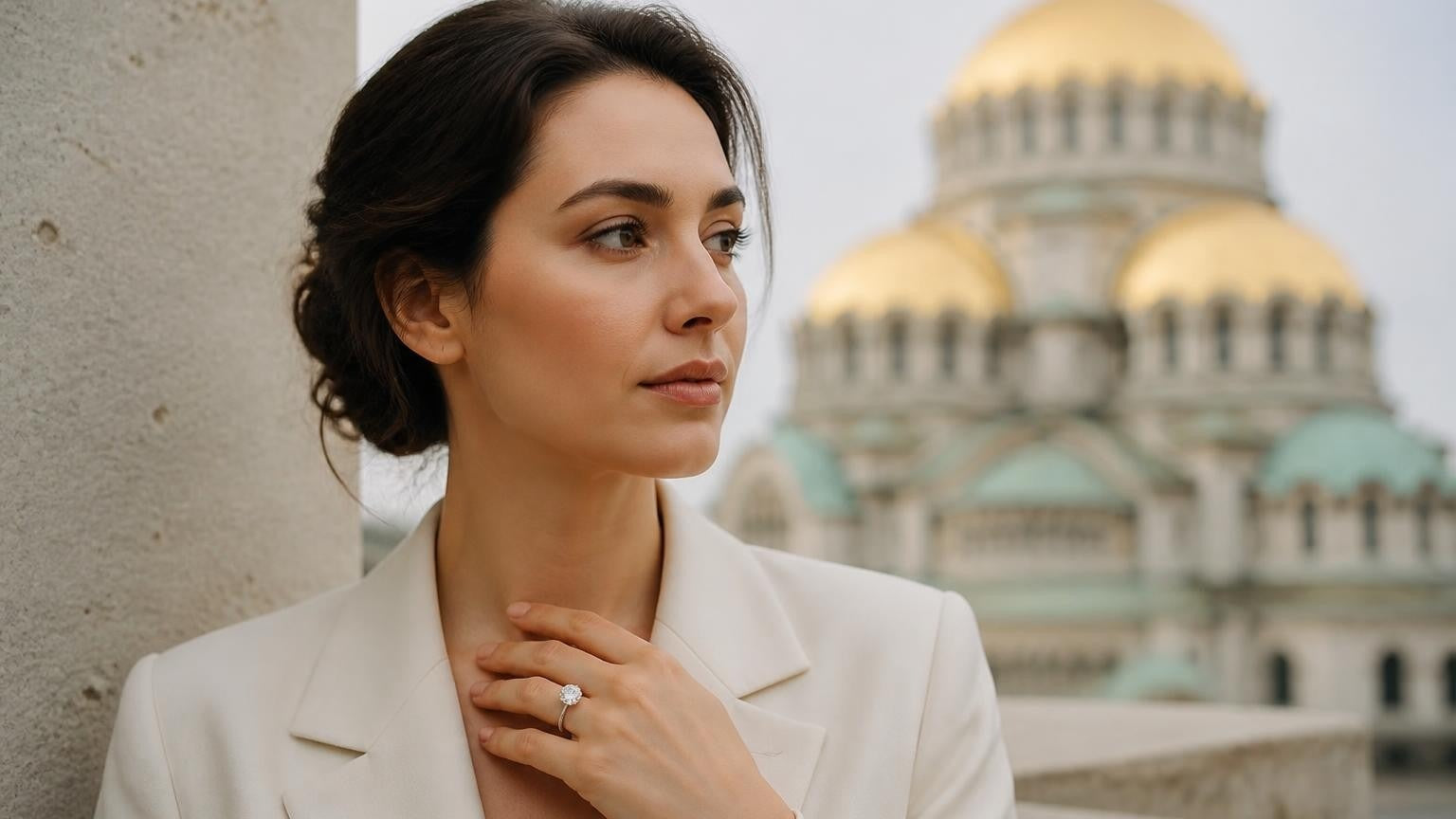 Engagement ring on finger of elegant Bulgarian woman with Alexander Nevsky Cathedral golden domes in background