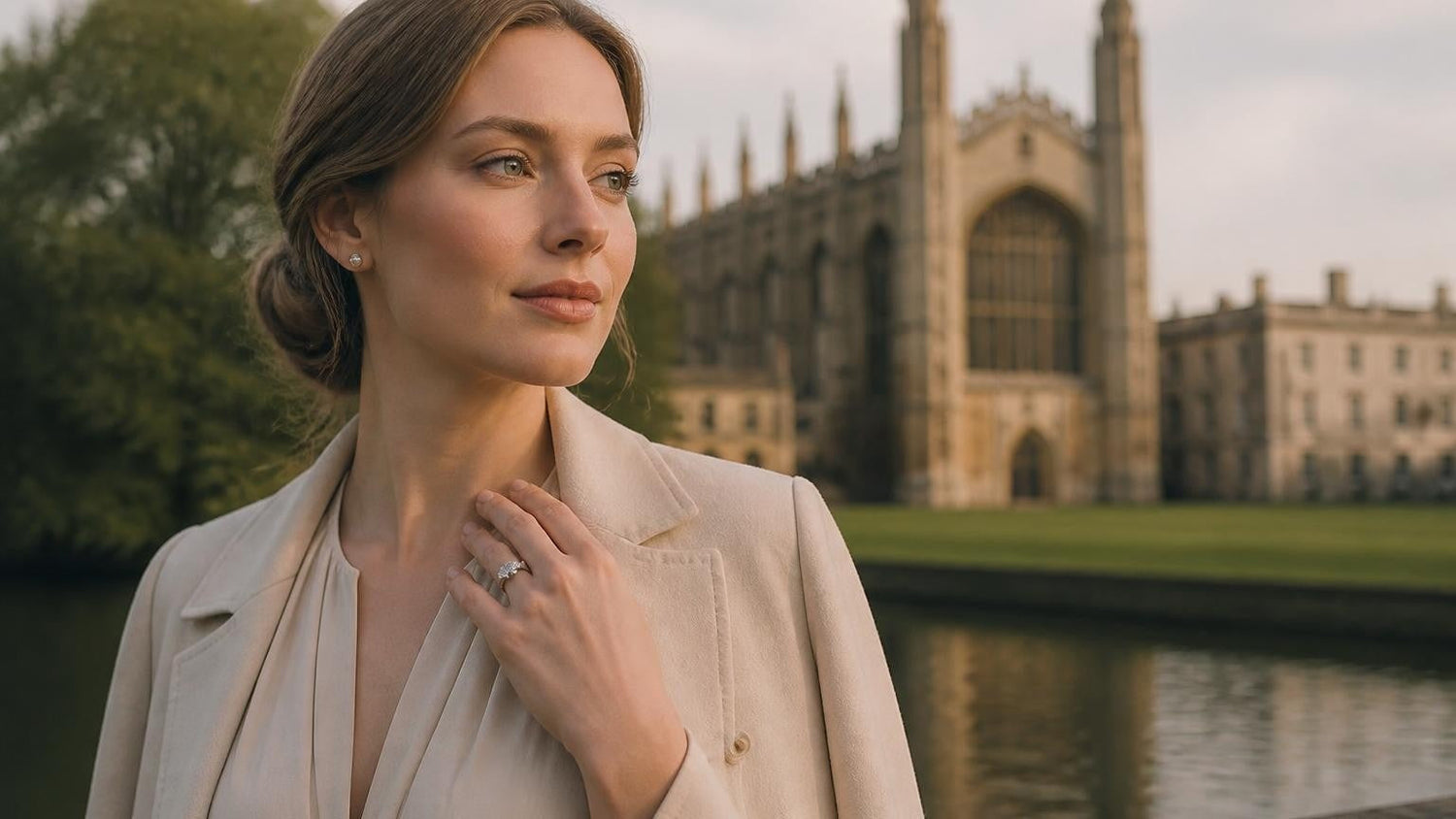 Best engagement rings in Cambridge — solitaire ring with Kings College Chapel backdrop