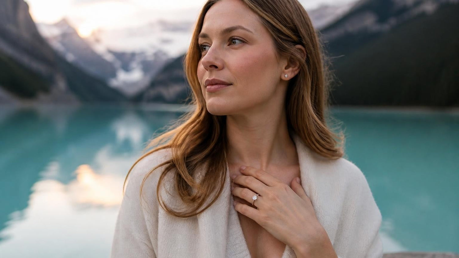 Best engagement rings in Canada — woman at Lake Louise in Banff wearing a Satéur Destinée Ring™