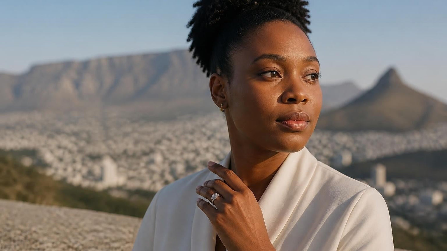 Best engagement rings in Cape Town — woman with Satéur Destinée Ring™, Table Mountain and Lion's Head in background
