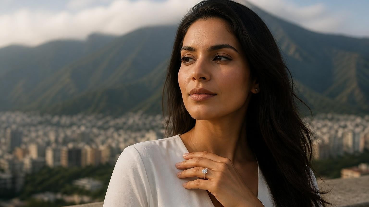 Elegant Venezuelan woman with engagement ring and Ávila mountain behind — best engagement rings in Caracas