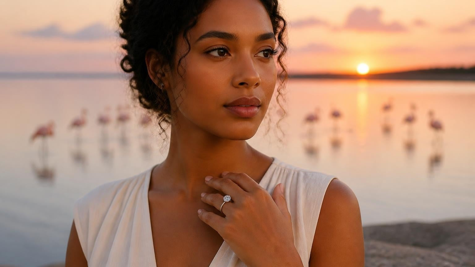 Best engagement rings in Caribbean Netherlands — Satéur Destinée Ring at Bonaire flamingo salt flats sunset