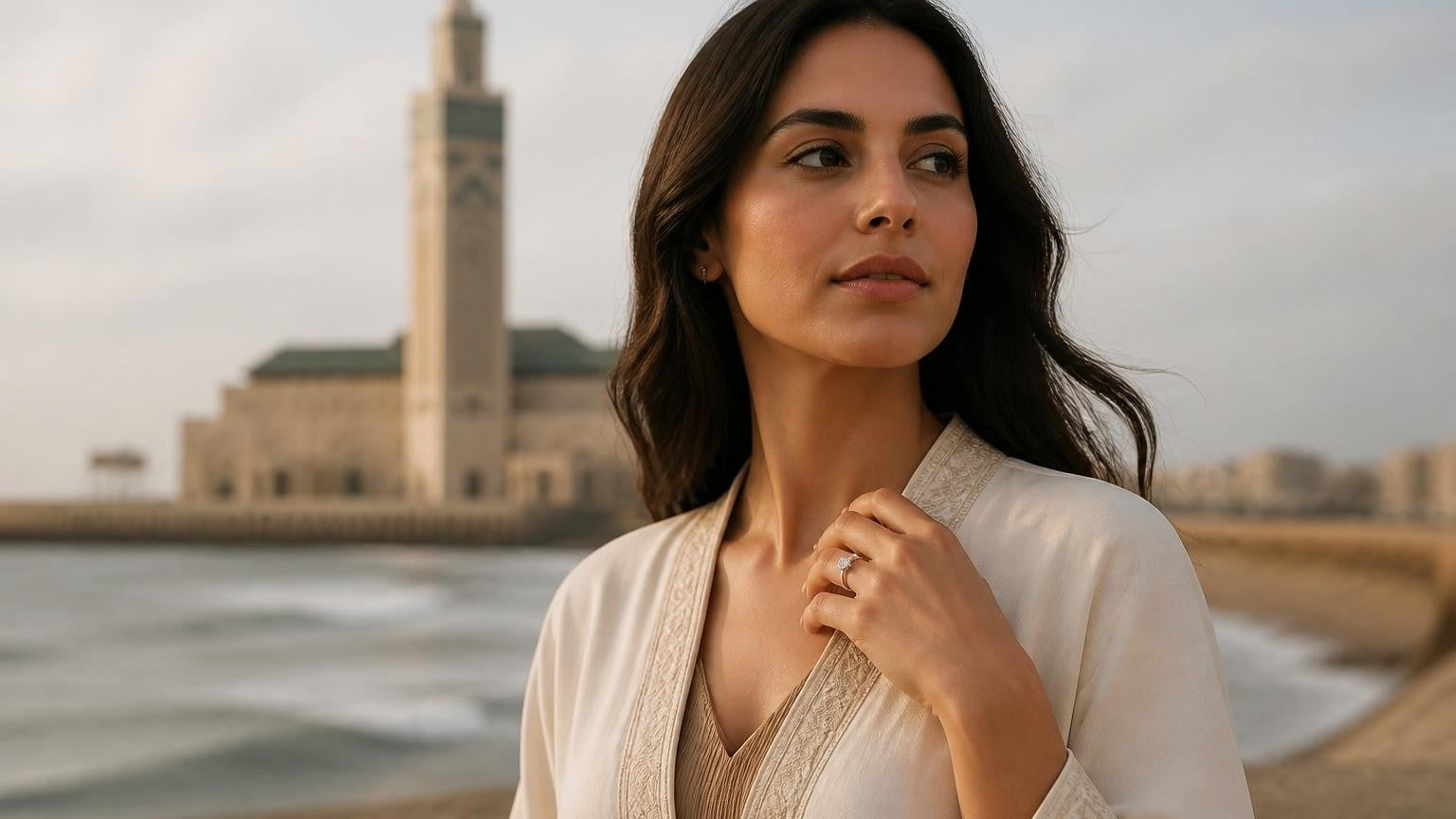 Best engagement rings in Casablanca — elegant woman with Satéur Destinée Ring, Hassan II Mosque