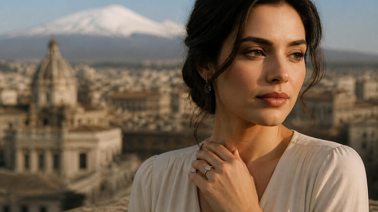 Best engagement rings in Catania — Satéur Destinée Ring with Mount Etna backdrop