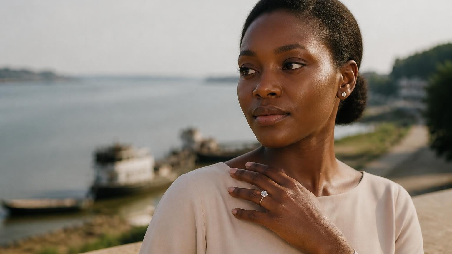 Engagement ring on a woman's finger with the Ubangi River waterfront of Bangui, Central African Republic