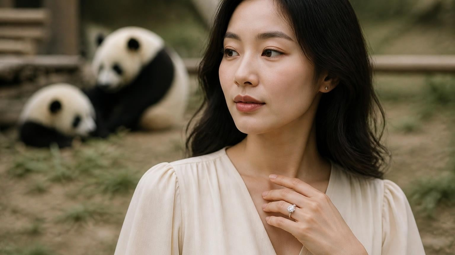 Best engagement rings in Chengdu — Satéur Destinée Ring with giant panda backdrop