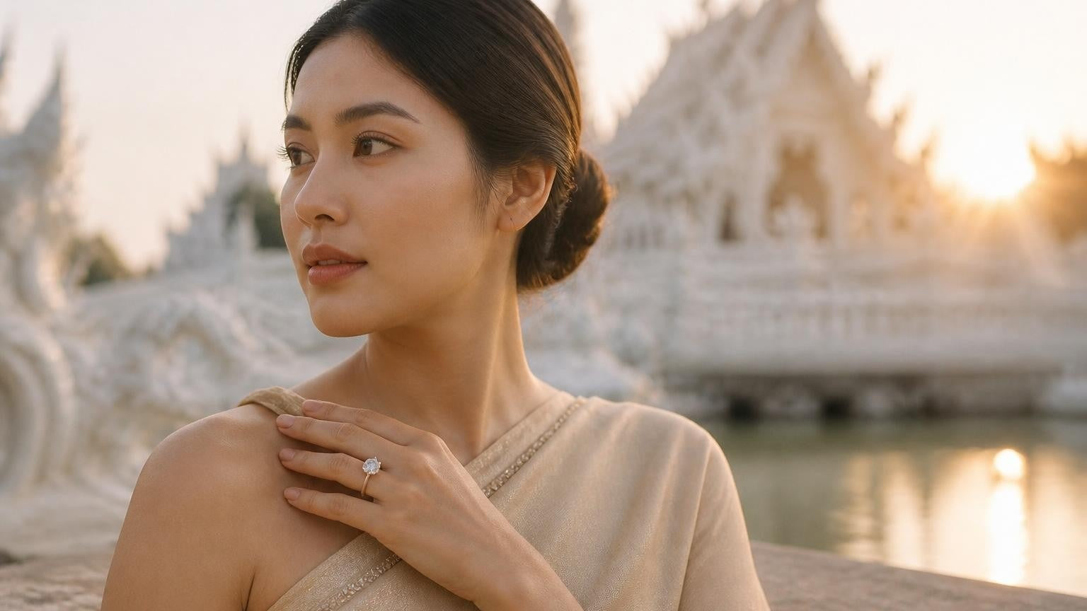 Best engagement rings in Chiang Rai — Satéur Destinée Ring with Wat Rong Khun White Temple