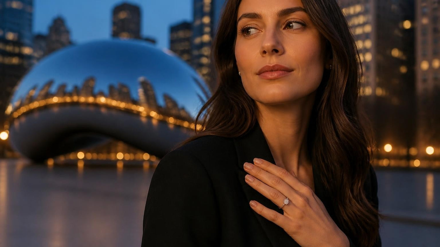 Best engagement rings in Chicago — woman with Satéur Destinée Ring at Cloud Gate Millennium Park