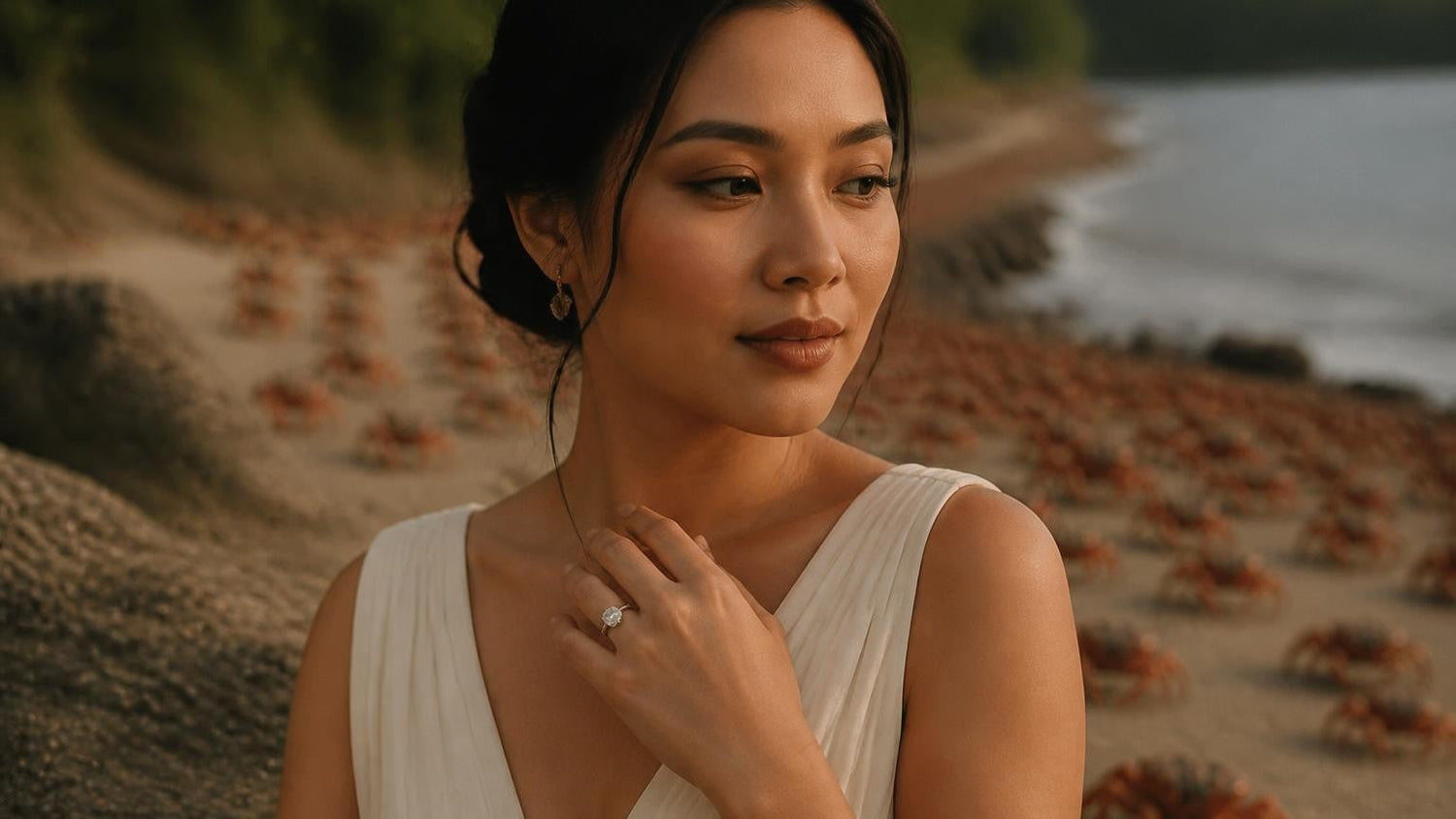 Best engagement rings in Christmas Island — Satéur Destinée Ring™ on a woman's hand with the iconic red crab migration beach behind