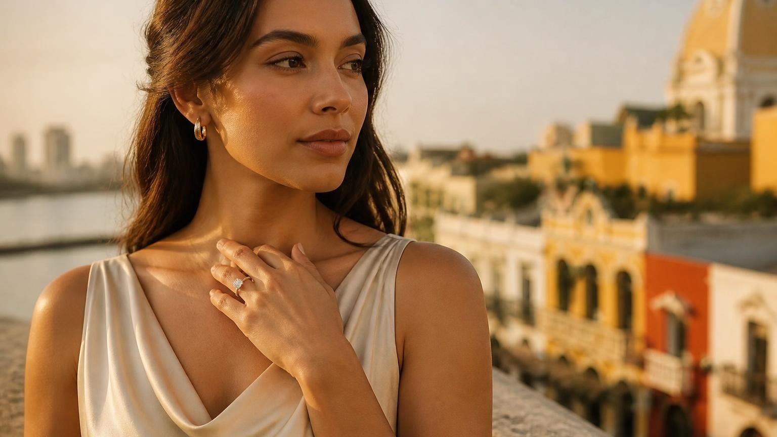Best engagement rings in Colombia — Satéur Destinée Ring with Cartagena walled city backdrop
