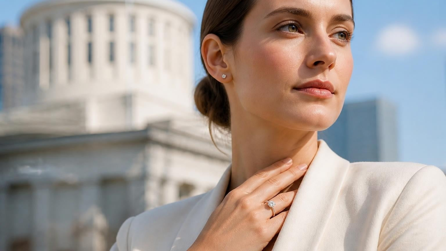 Best engagement rings in Columbus, Ohio — woman wearing Satéur Destinée Ring™ near the Ohio Statehouse