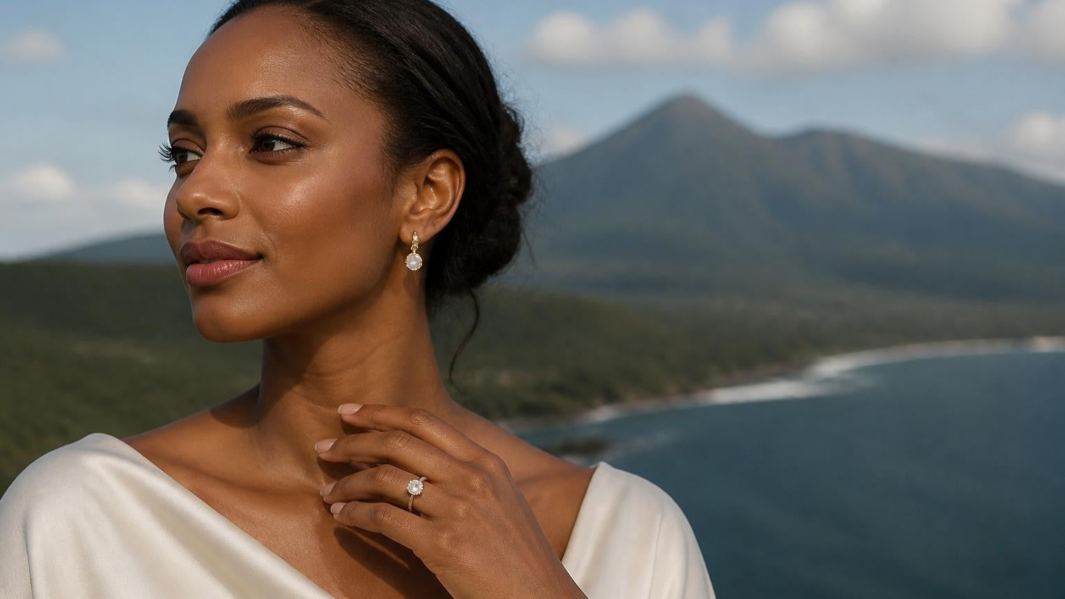 Best engagement rings in Comoros — Satéur Destinée Ring worn against Mount Karthala volcano backdrop