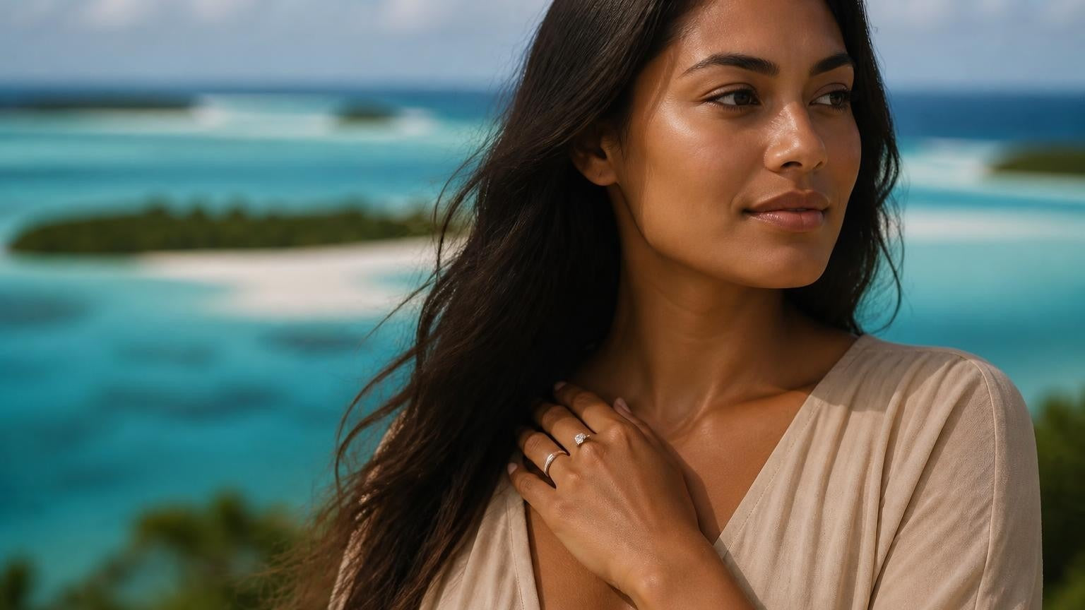 Best engagement rings in Cook Islands — Satéur Destinée Ring with Aitutaki Lagoon backdrop