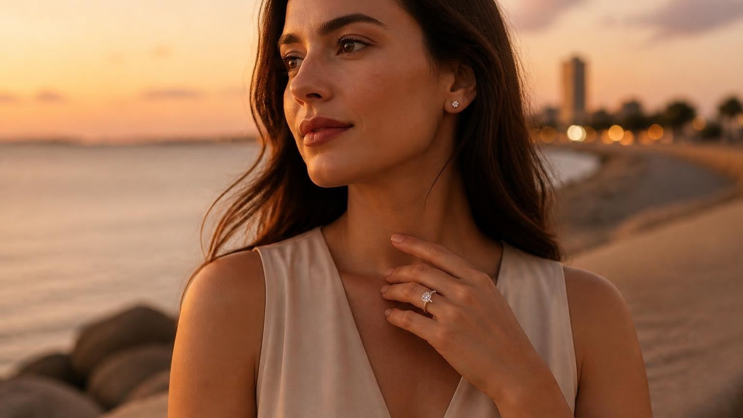 Best engagement rings in Corpus Christi — Satéur Destinée Ring at Corpus Christi Bay shoreline sunset