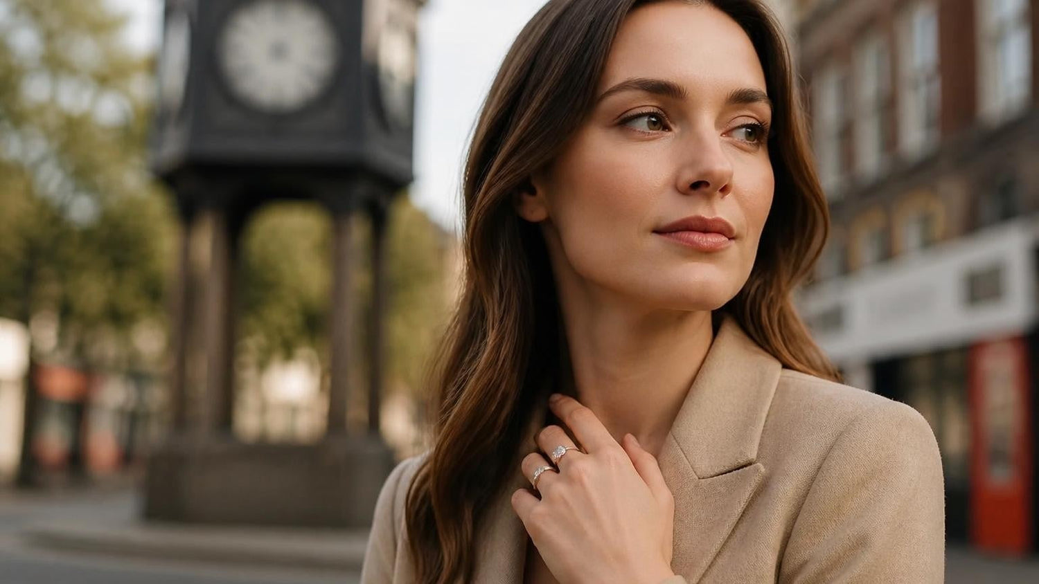Best engagement rings in Crawley — Satéur Destinée Ring™ with Crawley High Street clock tower