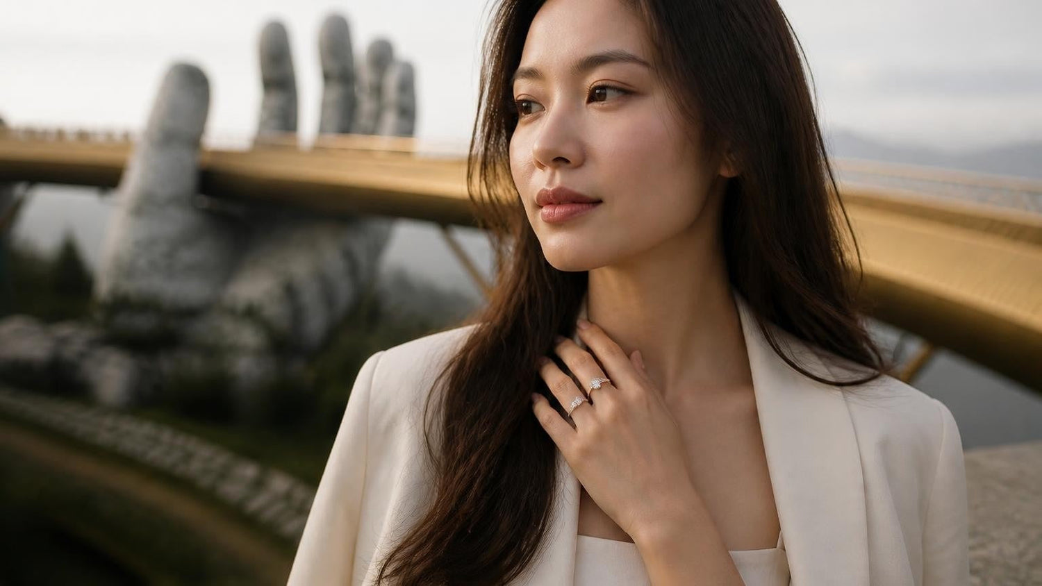Satéur Destinée Ring™ with elegant Vietnamese woman at the Golden Bridge, Ba Na Hills Da Nang