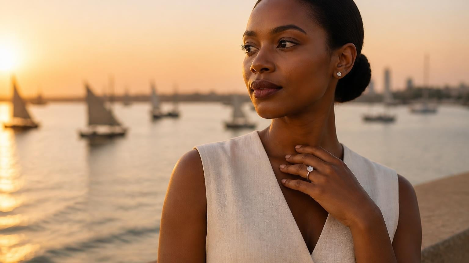 Best engagement rings in Dar es Salaam — Satéur Destinée Ring™ with Dar es Salaam harbour at sunset