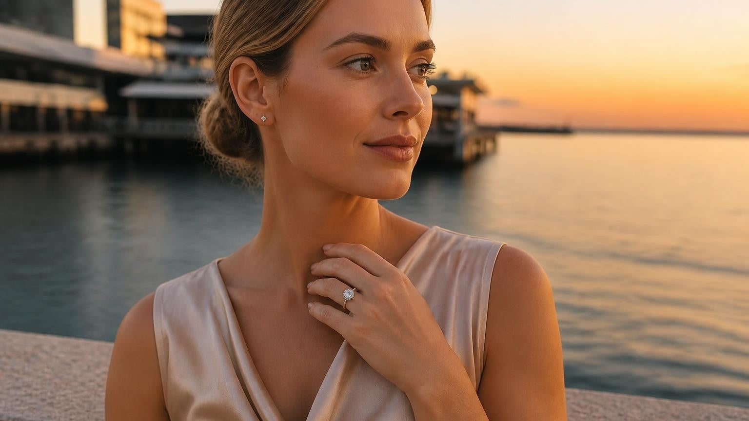 Best engagement rings in Darwin — Satéur Destinée Ring™ at Darwin Waterfront Precinct sunset