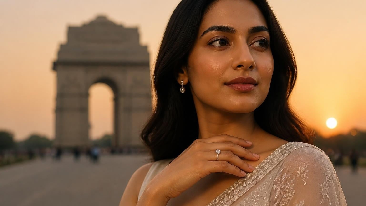 Best engagement rings in Delhi — elegant woman with Satéur Destinée Ring at India Gate sunset