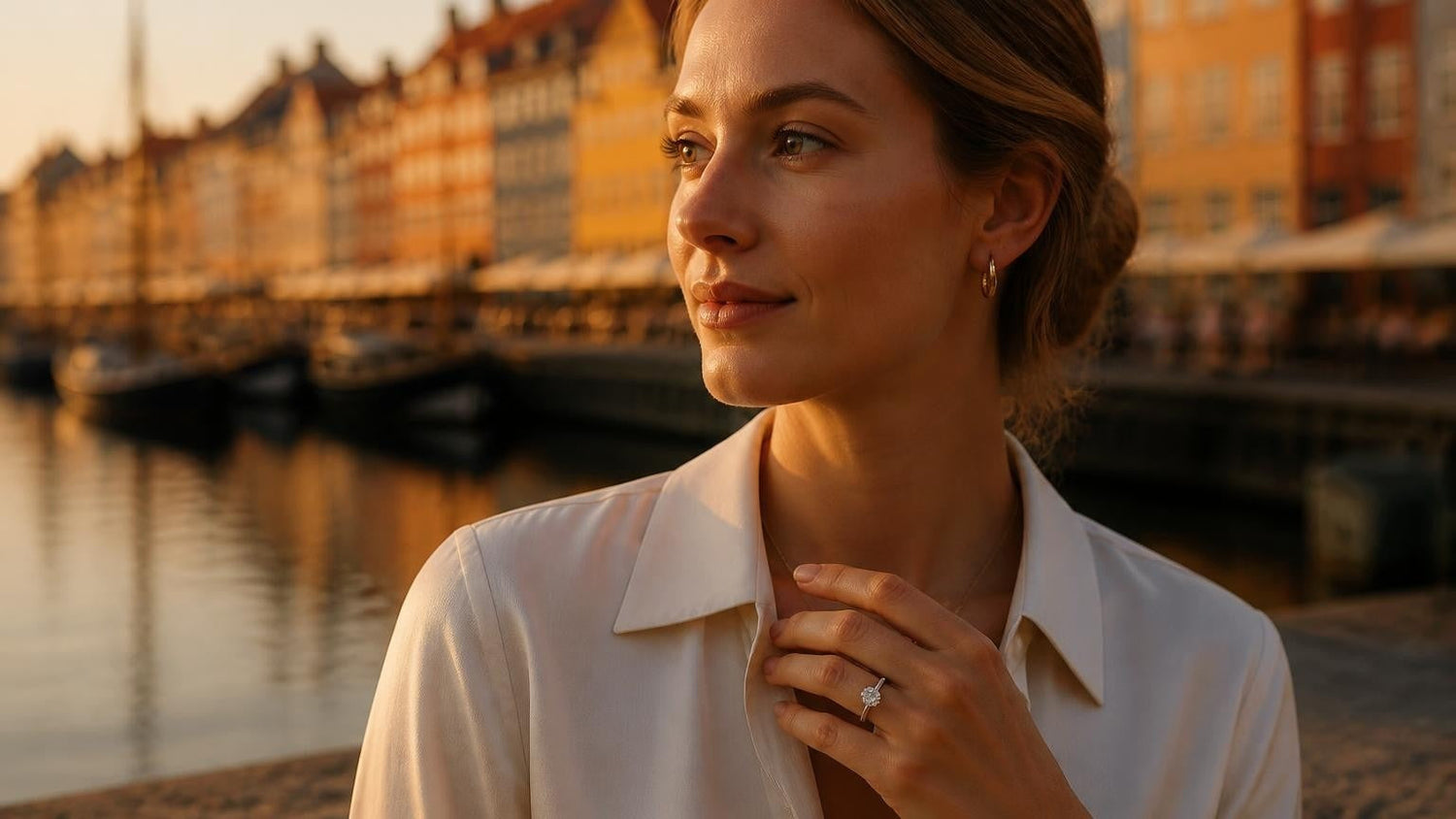 Satéur Destinée Ring worn by an elegant Danish woman at Nyhavn canal, Copenhagen — the best affordable engagement ring in Denmark
