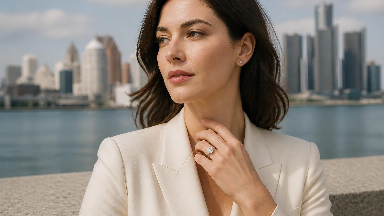 Best engagement rings in Detroit — Satéur Destinée Ring with Detroit skyline
