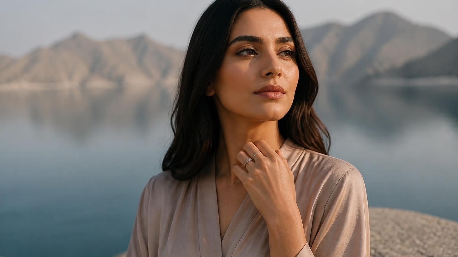Best engagement rings in Dibba Al Hisn — Satéur Destinée Ring with Dibba Bay and Hajar Mountains