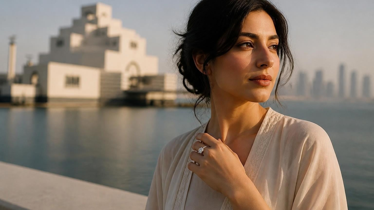 Best engagement rings in Doha — Satéur Destinée Ring with Museum of Islamic Art backdrop