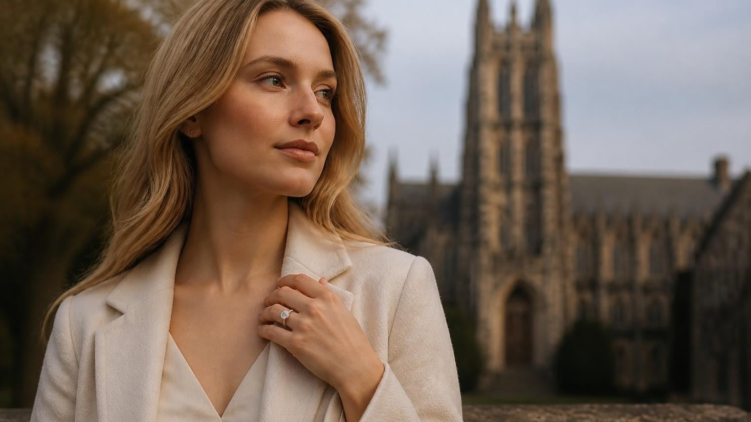 Best engagement rings in Durham NC — woman wearing Satéur Destinée Ring at Duke Chapel