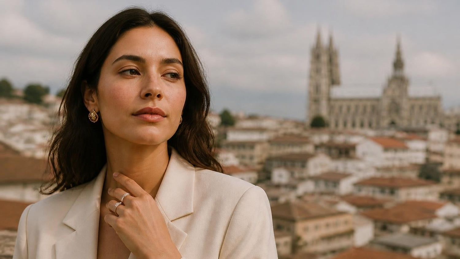 Best engagement rings in Ecuador — elegant woman with Satéur Destinée Ring, Basílica del Voto Nacional, Quito