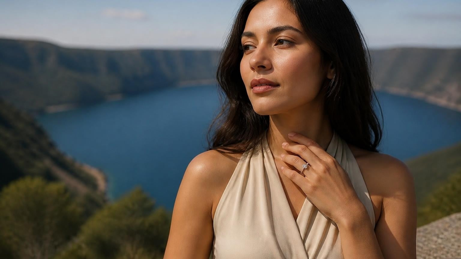 Best engagement rings in El Salvador — Satéur Destinée Ring™ with Coatepeque Caldera crater lake backdrop