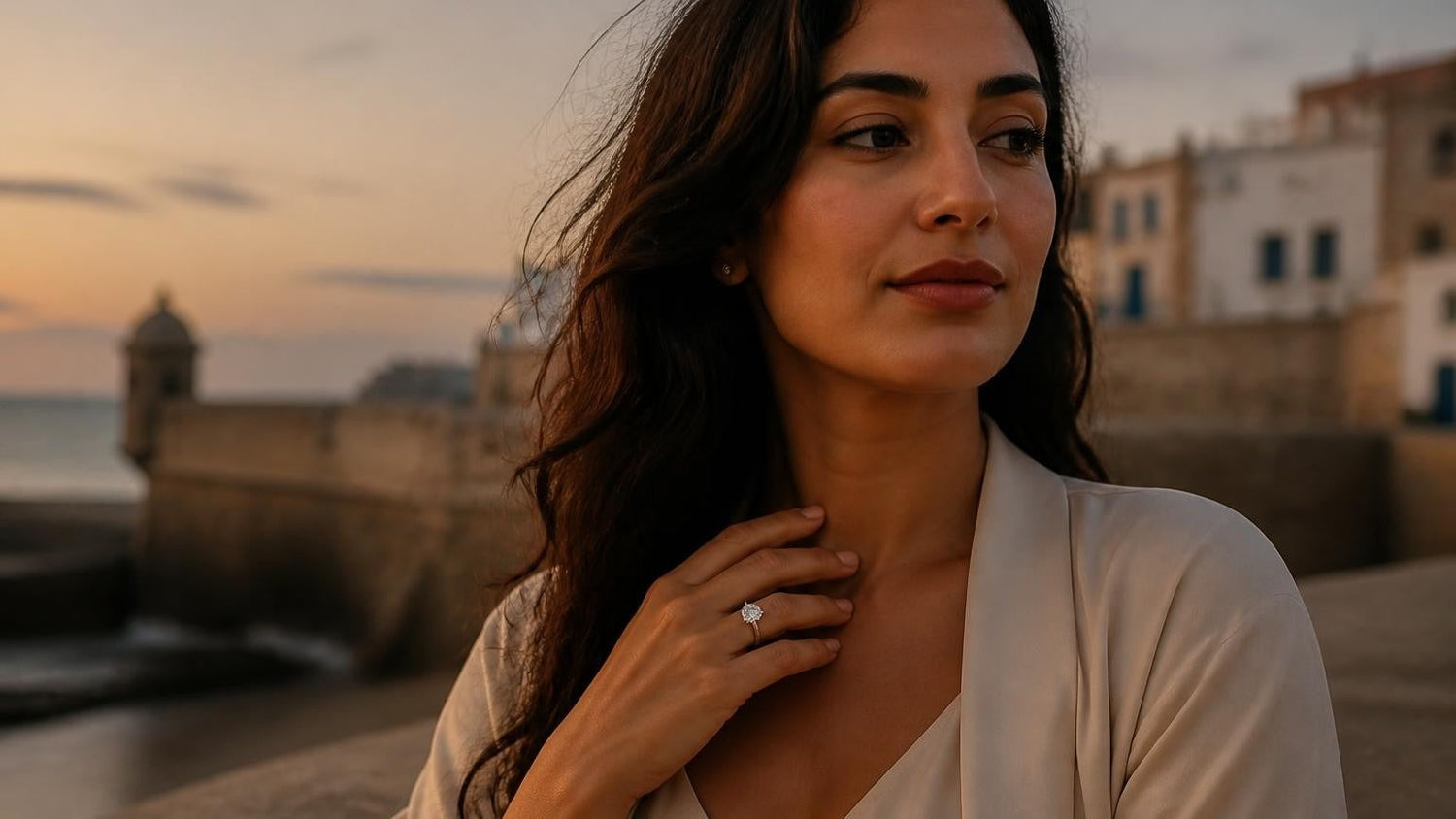 Best engagement rings in Essaouira — Satéur Destinée Ring™ at Essaouira Skala sea bastion at sunset