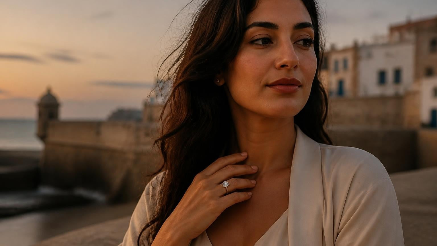 Best engagement rings in Essaouira — Satéur Destinée Ring™ at Essaouira Skala sea bastion at sunset